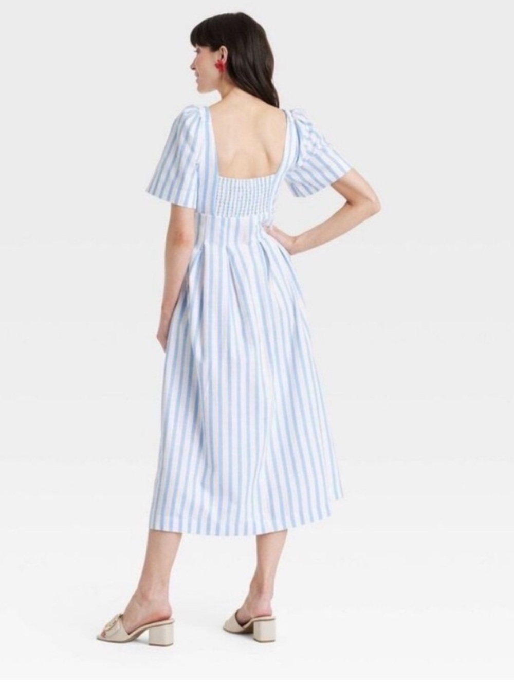 A New Day Blue White Striped Puff Sleeve Midi Dress Size 10 Coastal Cottagecore - Picture 5 of 5